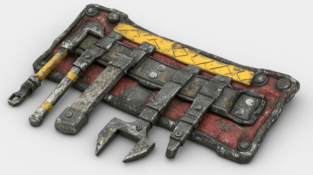 A collection of worn tools displayed on a rugged tool belt for industrial use.