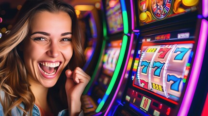 Woman celebrating a win at a vibrant casino slot machine. Joyful gaming excitement