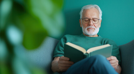 A Senior man peacefully reading book on cozy sofa in tranquil setting