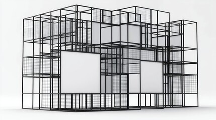 A complex structure made of black grids and panels, showcasing modern architectural design.