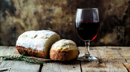 A simple depiction of bread and a chalice of wine on a rustic wooden table, symbolizing spirituality and communion, ideal for Lent or Easter religious themes.
