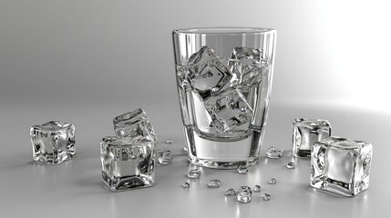 A glass filled with ice cubes, surrounded by scattered ice on a reflective surface.