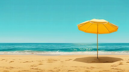 Solitary Yellow Beach Umbrella on a Sunny Sandy Shore
