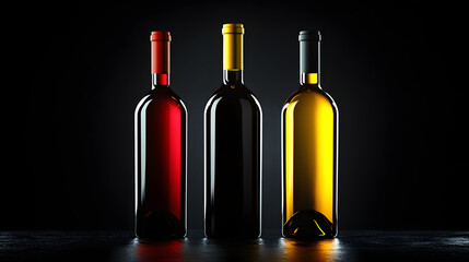A set of three wine bottles arranged on a glossy black surface with dramatic backlighting.