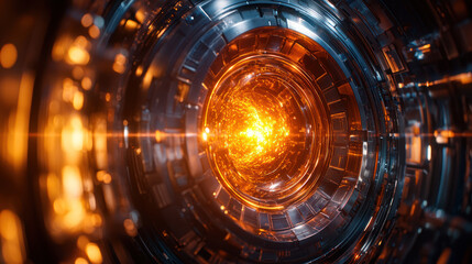 Obraz premium A close up view of glowing plasma within futuristic containment structure, showcasing vibrant orange and blue colors