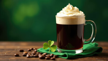 A delicious Irish coffee with whipped cream sits on a wooden table next to coffee beans and a shamrock. Concept of an Irish coffee drink on St. Patrick's Day.