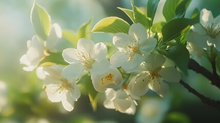 Obraz premium Delicate White Blossoms on a Branch in Sunlight