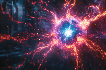 A vibrant display of energy radiates from central point, showcasing dynamic electric currents and vivid colors