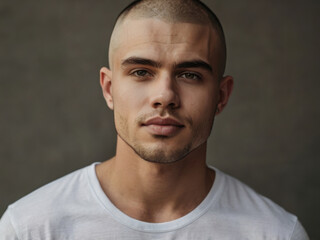 Fototapeta premium Apuesto joven con el pelo afeitado y vistiendo una camiseta blanca. 