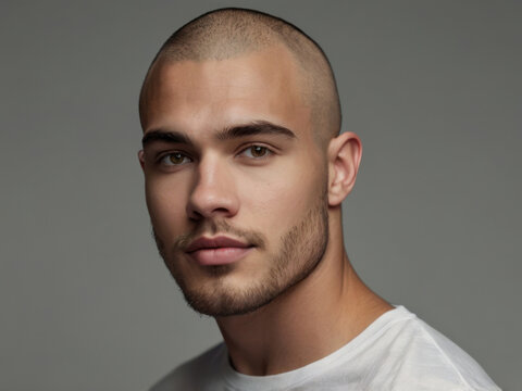 Cerca de un joven apuesto con el pelo afeitado y barba corta recortada
