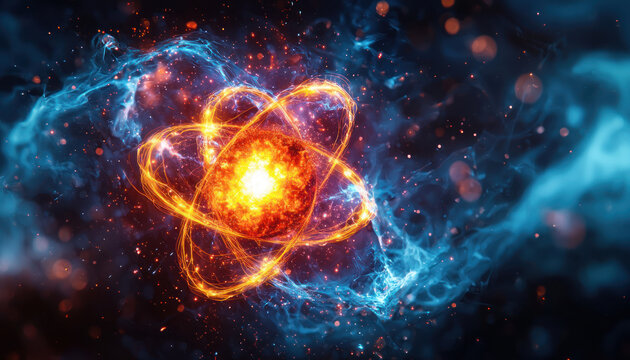 A Microscopic view of atomic fusion with swirling energy and vibrant colors