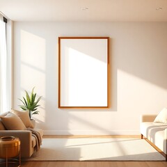 Modern Living Room Mockup:  A minimalist living room with warm sunlight streaming through the window, a plush couch, and a large empty frame ready for your design. Perfect for showcasing artwork.