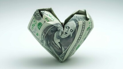 Origami Heart Made of Dollar Banknote on White Background