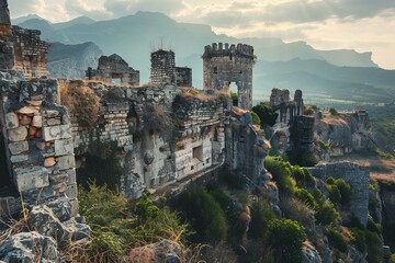 Fototapeta premium Ruins of a medieval stone fortress are lit by the setting sun high on a mountain