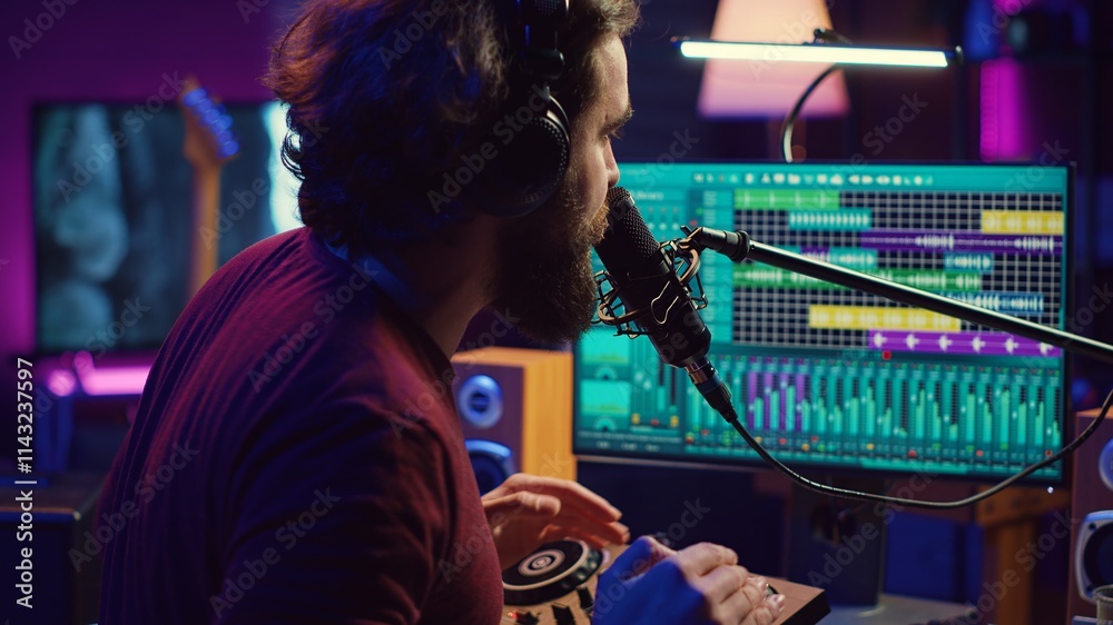 Aufkleber music producer singing at home studio microphone to record songs, editing and adjusting volume level
