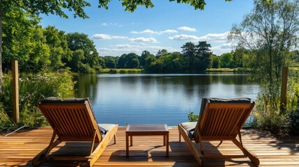 Fototapeta premium Serene lakeside view from wooden deck chairs.
