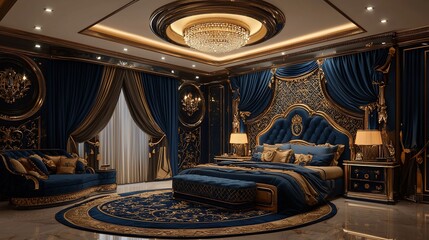Luxurious master bedroom with navy blue and gold decor.