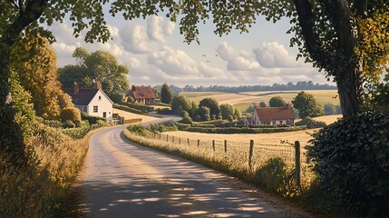 Fototapeta premium Country Road Winding Through Rural Houses and Fields