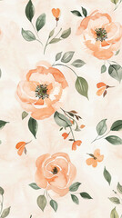 Orange flower and leaves watercolour seamless pattern on an ecru background. Floral pattern for fabric, wrapping, textile, wallpaper, background.	