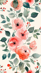 Red roses flower and leaves watercolour seamless pattern on an ecru background. Floral pattern for fabric, wrapping, textile, wallpaper, background.	
