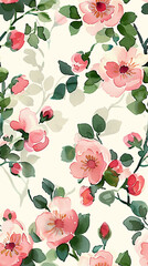 Red roses flower and leaves watercolour seamless pattern on an ecru background. Floral pattern for fabric, wrapping, textile, wallpaper, background.	