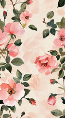 Red roses flower and leaves watercolour seamless pattern on an ecru background. Floral pattern for fabric, wrapping, textile, wallpaper, background.	