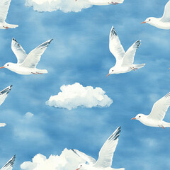 Seagulls and clouds  watercolour seamless pattern on a light-blue background. Pattern for fabric, wrapping, textile, wallpaper, background.
