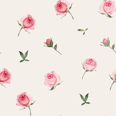 Red roses flower and leaves watercolour seamless pattern on an ecru background. Floral pattern for fabric, wrapping, textile, wallpaper, background.	
