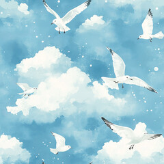 Seagulls and clouds  watercolour seamless pattern on a light-blue background. Pattern for fabric, wrapping, textile, wallpaper, background.