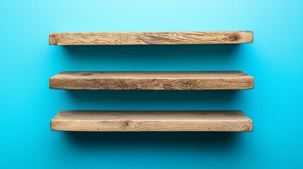 Obraz premium Three rustic wooden shelves on a blue wall.