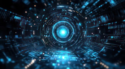 Obraz premium A futuristic digital tunnel with glowing blue patterns and circuit-like designs.