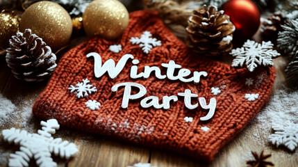 Fototapeta premium Winter hat on wooden surface with pinecones and ornaments reads 