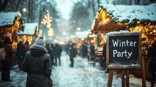 A person in warm clothes stands at a snowy market with a sign reading "Winter Party." Concept of festive winter gathering outdoors.