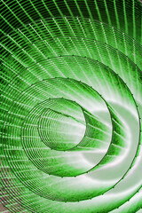 Abstract spiral with glowing green wire texture against a black background, symbolizing color...