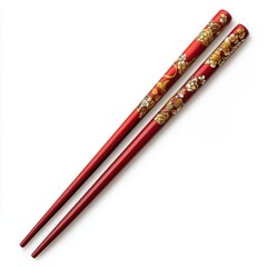 Chopsticks with red and gold pattern isolated on white background