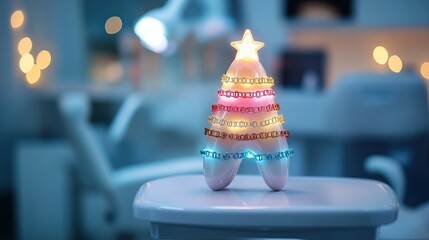 Festive tooth-shaped ornament with colorful braces and star in dental office decor - dentistry concept