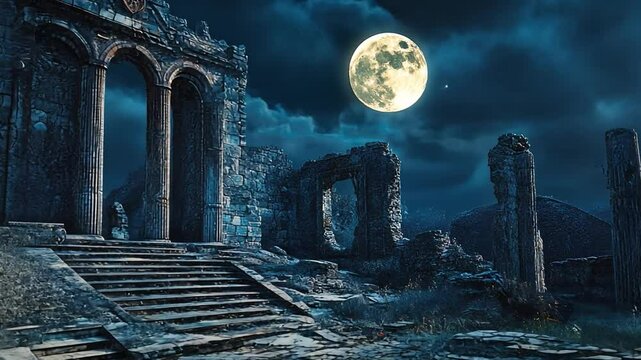 Ancient Ruins Under Moonlight:  A haunting and atmospheric scene of ancient ruins bathed in the ethereal glow of a full moon.