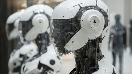 Fototapeta premium Futuristic robots with mechanical designs standing in a sci-fi environment