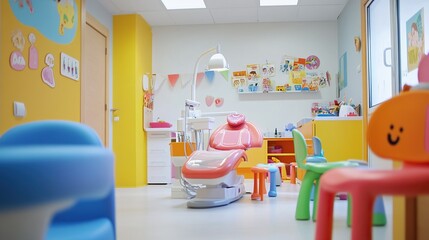 Colorful pediatric dental clinic interior with bright decor and child-friendly furniture, dentistry
