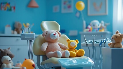 Cozy pediatric dental office with plush toys on dentist chair in a child-friendly environment - concept of dentistry