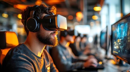 Man playing video games with a headset in a futuristic gaming setup
