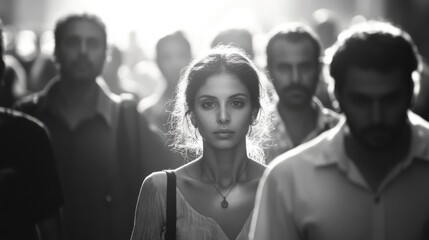 Obraz premium Black and white crowd of people walking with shadows
