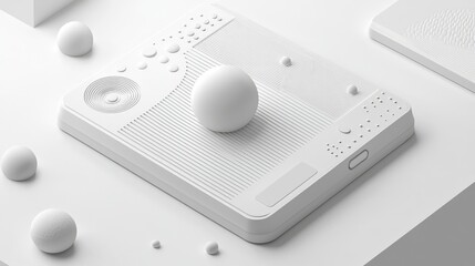A minimalist white device with spherical elements, suggesting a focus on design and technology.