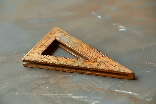 Old wooden carpenter square is sitting on a metal table