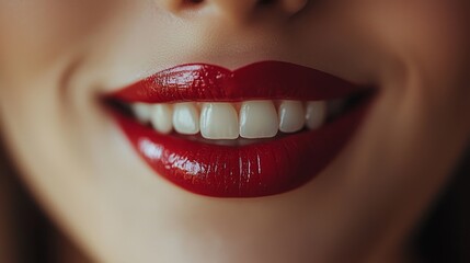 Close-up of a woman&rsquo;s smiling lips with vibrant red lipstick