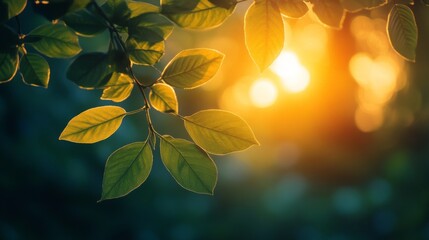 Golden sunlight filtering through leaves in a tranquil forest setting