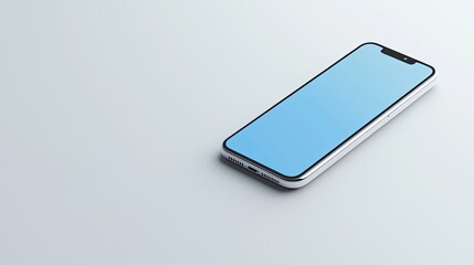 A sleek smartphone lies on a minimalistic surface, displaying a blank blue screen.
