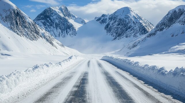 A snow-covered road winding through majestic mountains under a clear blue sky.