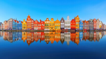 Fototapeta premium Colorful row of historic buildings reflected in calm water under a clear blue sky.