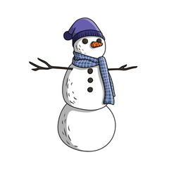 Snowman character wearing a scarf and beanie hat